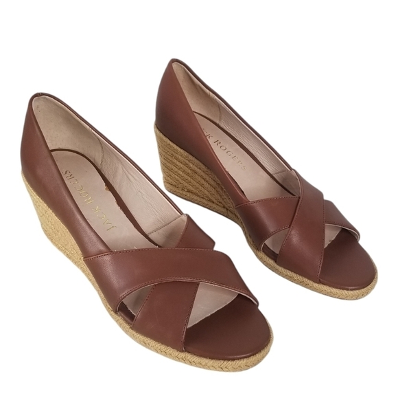 Jack Rogers Palmer Criss Cross Leather Espadrille Wedges Size 8.5M Brown - Picture 1 of 10